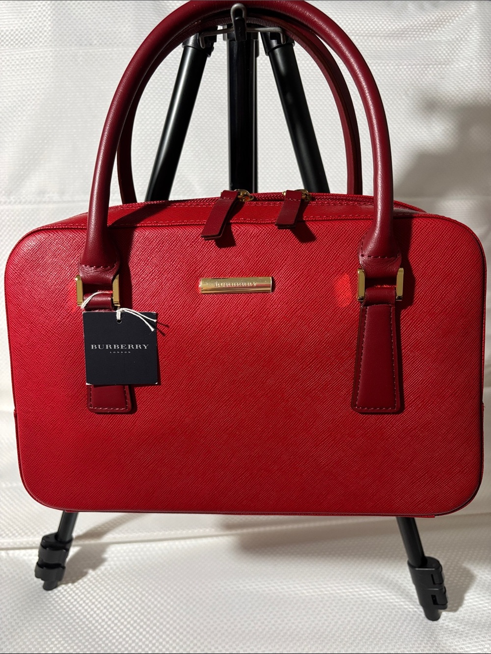 Burberry Red Structured Saffiano Satchel with Gold Hardware